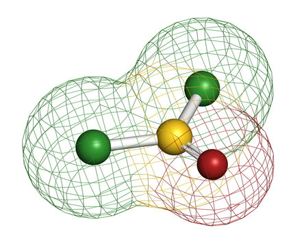 Thionyl chloride (SOCl2) chemical reagent molecule. 3D rendering