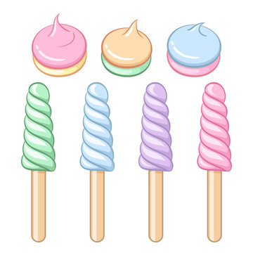 Set of colorful lollipops and meringues. Vector illustration isolated on white background.