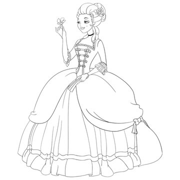recommend clip art: Outlined rococo lady in antique dress.Coloring page vector illustration.