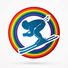 Skier designed on line rainbows background graphic vector.