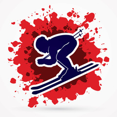Skier designed on splash blood background graphic vector.