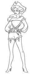 Brave vintage dressed pirate lady. Coloring page vector illustration.
