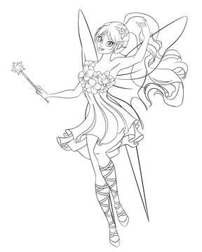Beautiful flying fairy with magic wand. Line art coloring page vector illustration.