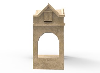 3d illustration of simple wall with empty window. low poly triangles and polygons style. icon for game web. rocks texture color. white background isolated with shadow. simple to use. 