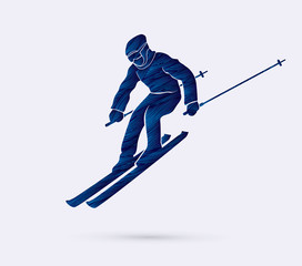 Skier action designed using blue grunge brush graphic vector.