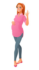 Pregnant woman showing ok sign gesture. Cartoon vector illustration isolated on white background.