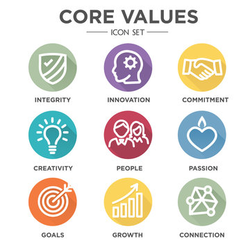 Company Core Values Outline Icons for Websites or Infographics Round MultiColored