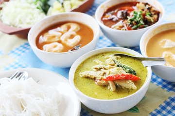 Kanom jeen nam ya ; Rice noodles in fish curry sauce. Traditional Thai cuisine, rice vermicelli served with vegetables