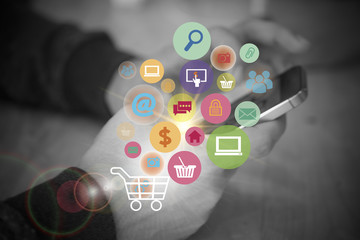 shopping cart with application software icons on mobile ,black a