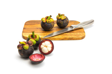 Close up mangosteen fruits isolated on white background, Copy sp