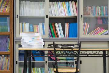 book on the desk against books