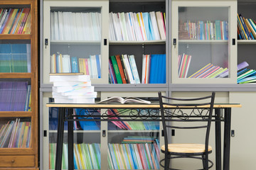 book on the desk against books