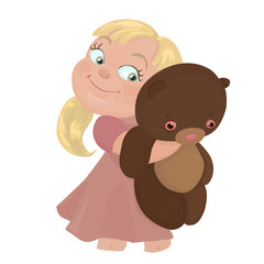 Little Blonde Girl hugs Teddy Bear