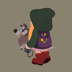 Little Girl in Hoodie walking with Dog