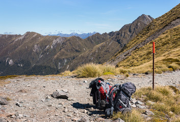 two packed backpacks on hiking track in New Zealand