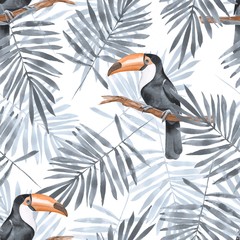 Palm leaves and Toucan. Watercolor seamless pattern 2