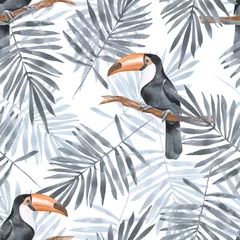 Wallpaper murals African animals Palm leaves and Toucan. Watercolor seamless pattern 2