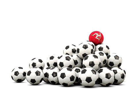 Pile of soccer balls with flag of isle of man