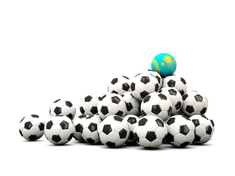 Pile of soccer balls with flag of kazakhstan