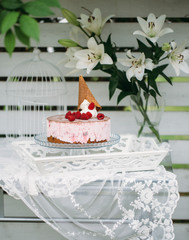 ice cream cake with raspberries. Summer concept