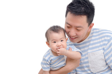Young asian father with his child isolated over white