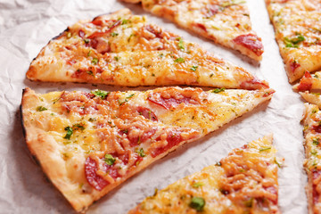 Tasty pizza on paper close up