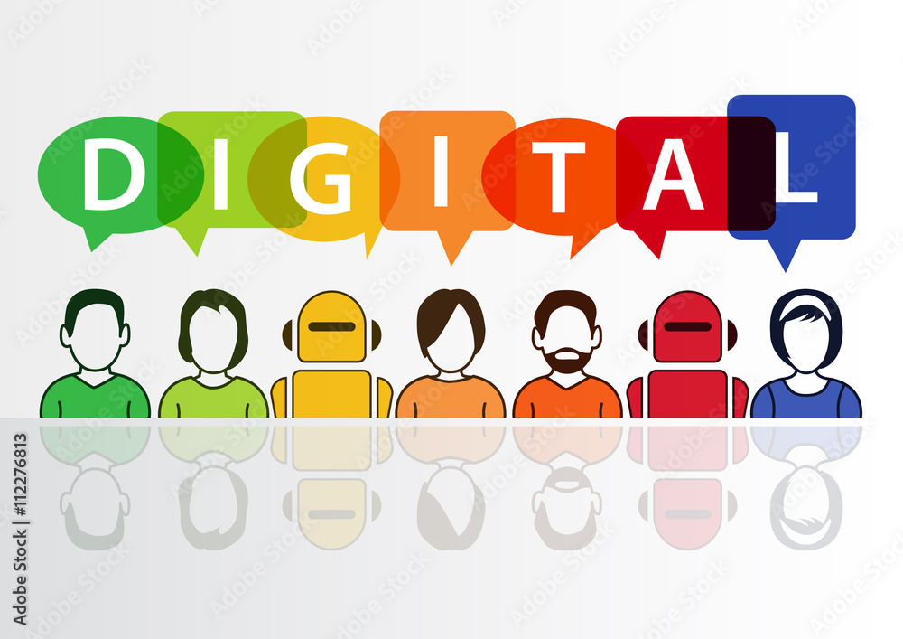 Poster digital and digitization conceptual background. vector illustration of colorful group of people and 