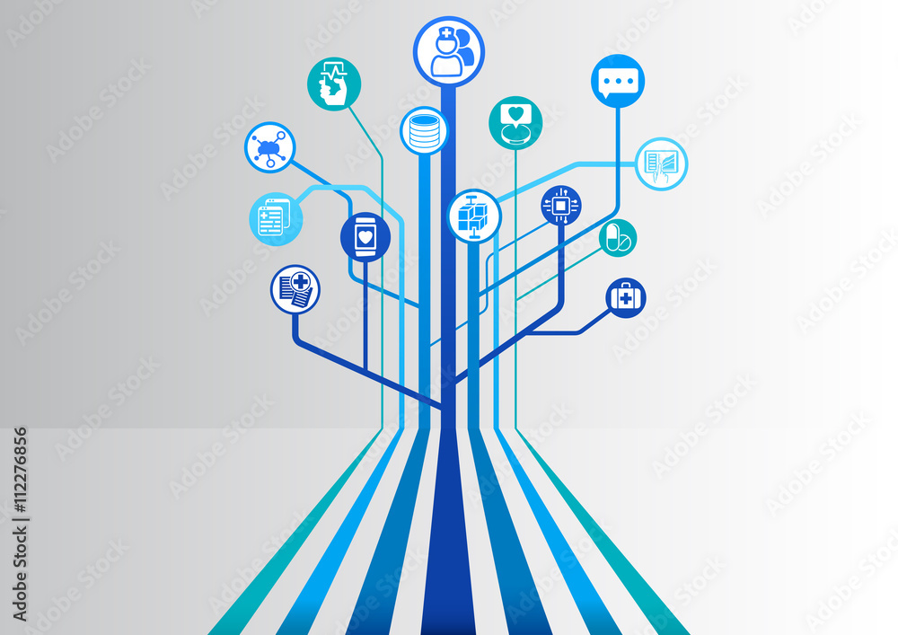 Poster digital health and hospital blue background as vector illustration with parallel lines branching out