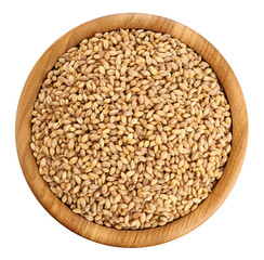 Wooden bowl with pearl barley isolated on white background.