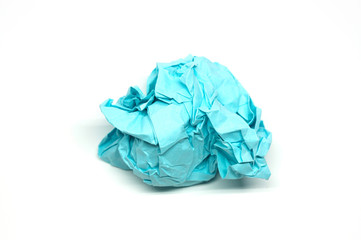 Crumpled blue paper ball isolated on a white background