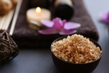 Beautiful composition of spa treatment on grey background