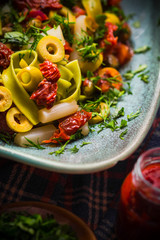 Pasta tomato sauce capers asparagus Magic light