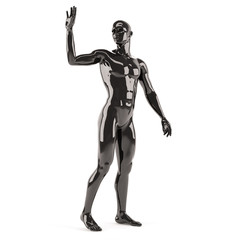 Abstract black plastic human body mannequin over white background. Greeting standing pose. 3D rendering illustration