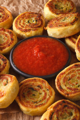 Indian cuisine: potato rolls and tomato chutney close-up. vertical
