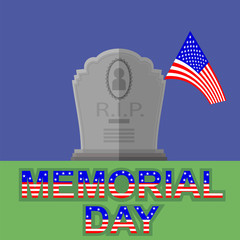 Flag of America Flying over Gravestone. Memorial Day Celebration Poster. Memorial Day American Flag. Memorial Day at the Cemetery.