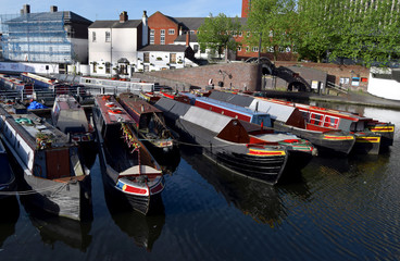 Boats on the Birmingham old canal in city center. The first canal was built in  Birmingham  between...
