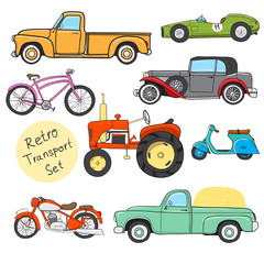 Fototapeta premium Collection of various funny hand-drawn transports - vector illustration. Old times. Isolated on a white background. Doodle. Sketch.