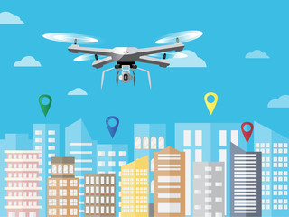 modern drone with camera flying in the sky on cityscape background. with copy space