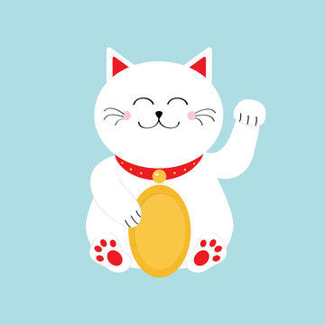 Lucky white cat sitting and holding golden coin. Japanese Maneki Neco cat waving hand paw icon. Feng shui Success wealth symbol mascot. Cute cartoon character. Greeting card. Flat Blue background