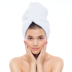 
Beautiful natural girl woman after cosmetic procedures, face-lift. Beautiful woman with a towel on his head. 