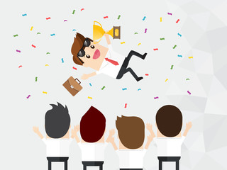 celebration of winner businessman holding briefcase and golden trophy being thrown up in air by collaboration team