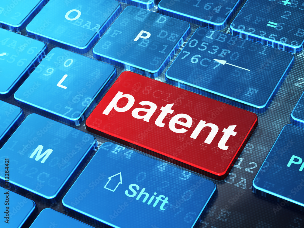 Poster law concept: patent on computer keyboard background