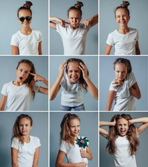 Collage of blonde girl with different facial expressions. Nine b
