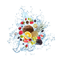Fresh fruits falling in water splash, isolated on white background