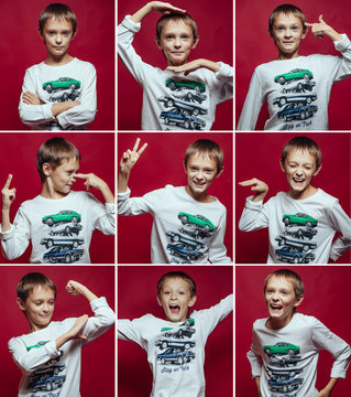 Collage of blonde boy with different facial expressions. Nine be