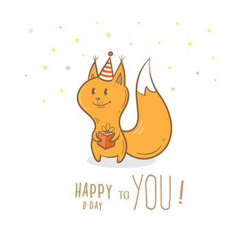 Birthday card with cute cartoon squirrel  in party hat. Little funny animal. Children's illustration. Vector image.