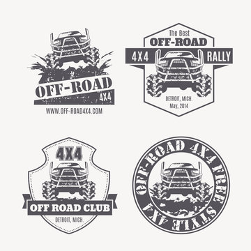 Off-road vehicle vector emblems, labels and logos