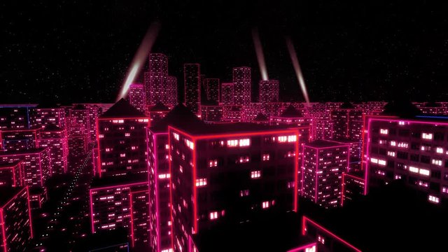 Neon city fly over urban skyscraper glow computer tron matrix 4k
