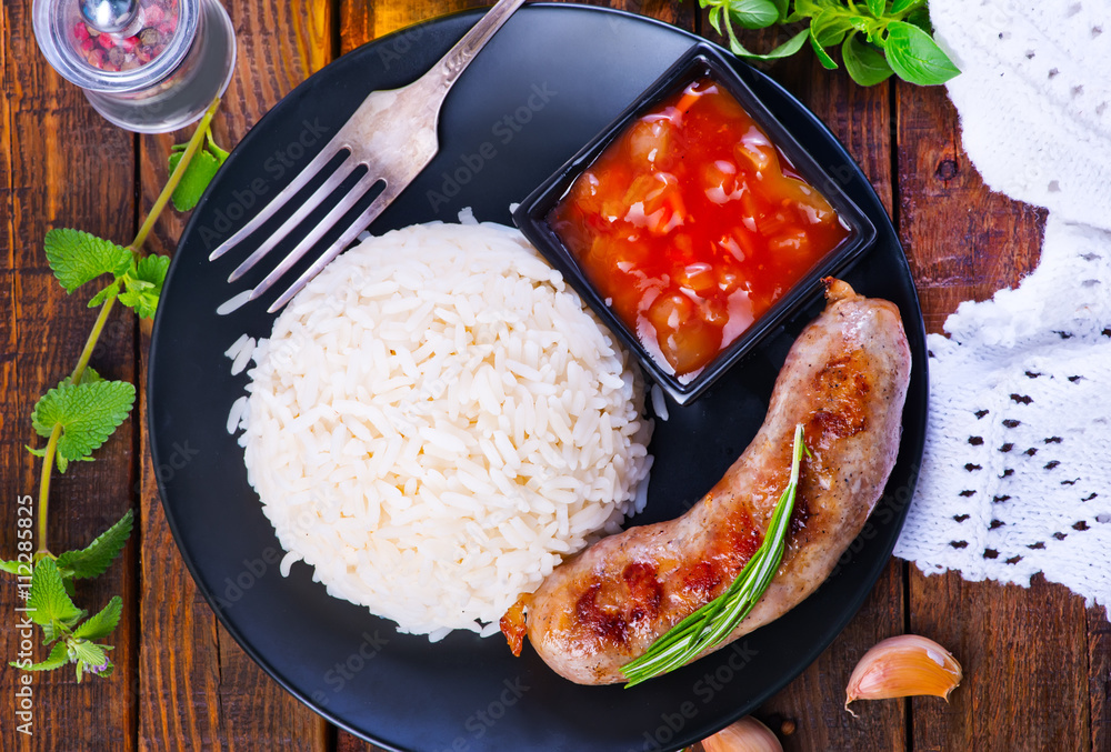 Wall mural boiled rice with sausages