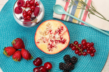 Frutos rojos, granada, arándanos, grosellas, moras, cerezas, frambuesas y fresas  sobre un fondo de textura celeste. Vista superior y de cerca
